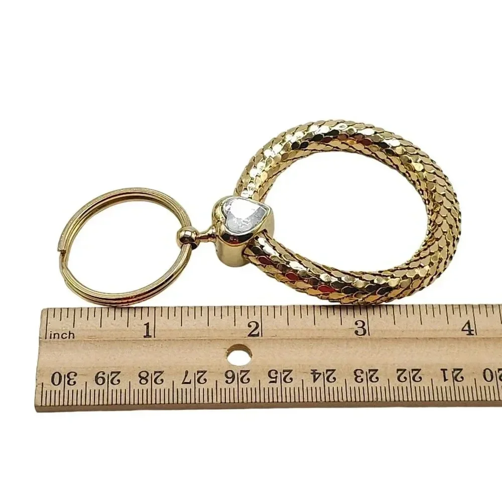 Clear Rhinestone Heart Metal Mesh Round Keychain Gold Tone Vintage